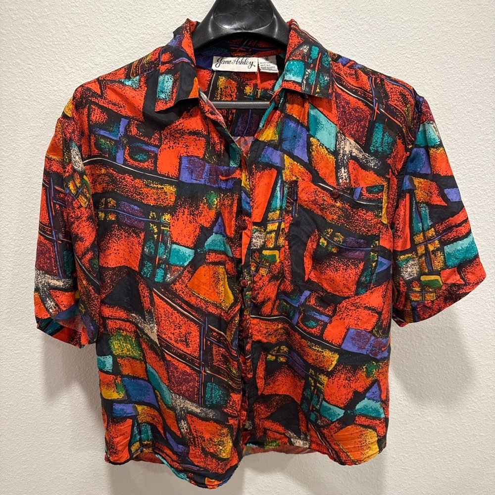 Jane Ashley 90s Geometric Abstract Print 100% Silk Button Up Top Size L